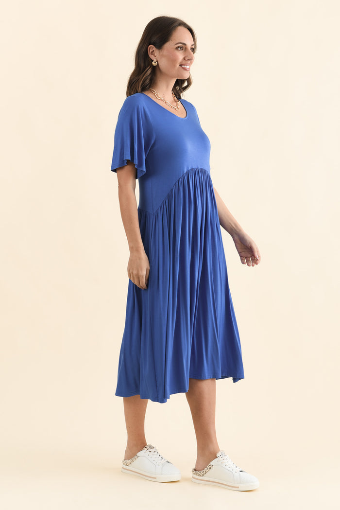 Dalton Cobalt Crescent Dress,Brunette model,alt text|model:MJ