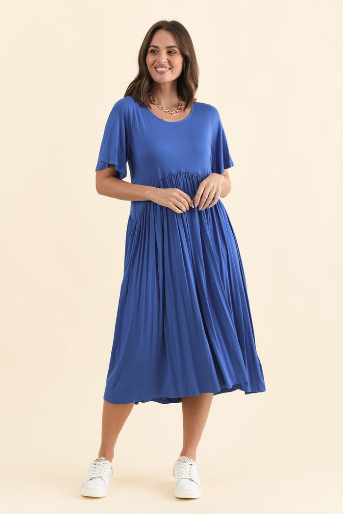 Dalton Cobalt Crescent Dress,Brunette model,alt text|model:MJ