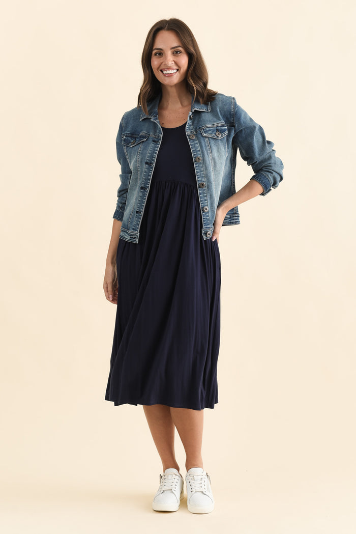Dalton Navy Crescent Dress,Brunette model,alt text|model:MJ