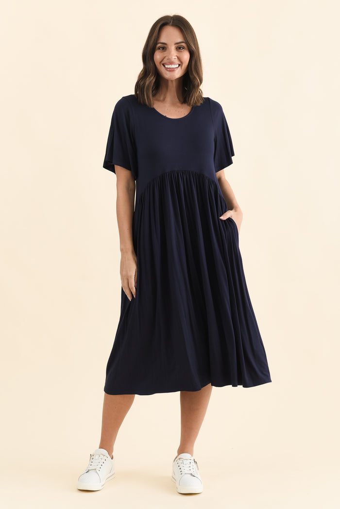 Dalton Navy Crescent Dress,Brunette model,alt text|model:MJ