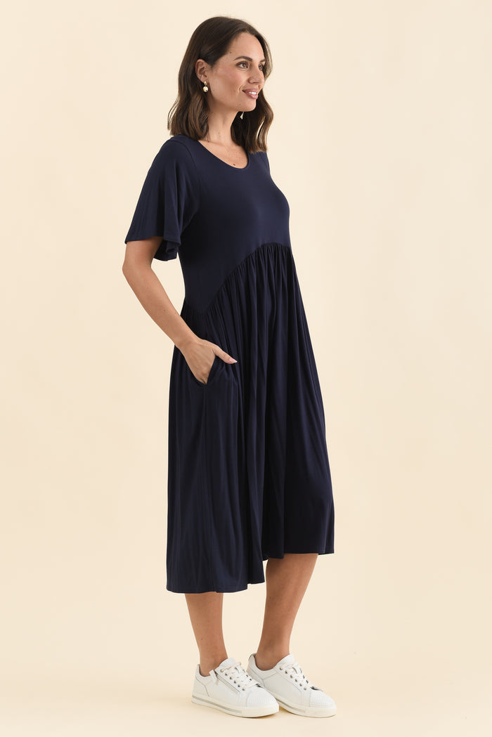 Dalton Navy Crescent Dress,Brunette model,alt text|model:MJ