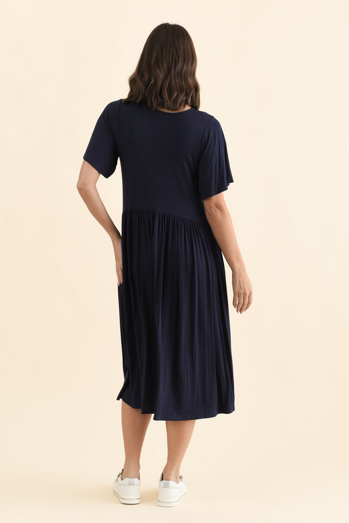 Dalton Navy Crescent Dress,Brunette model,alt text|model:MJ