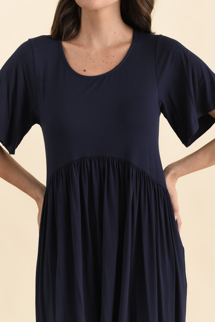 Dalton Navy Crescent Dress,Brunette model,alt text|model:MJ