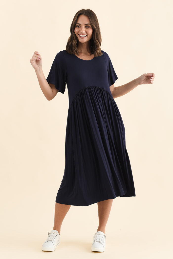 Dalton Navy Crescent Dress,Brunette model,alt text|model:MJ