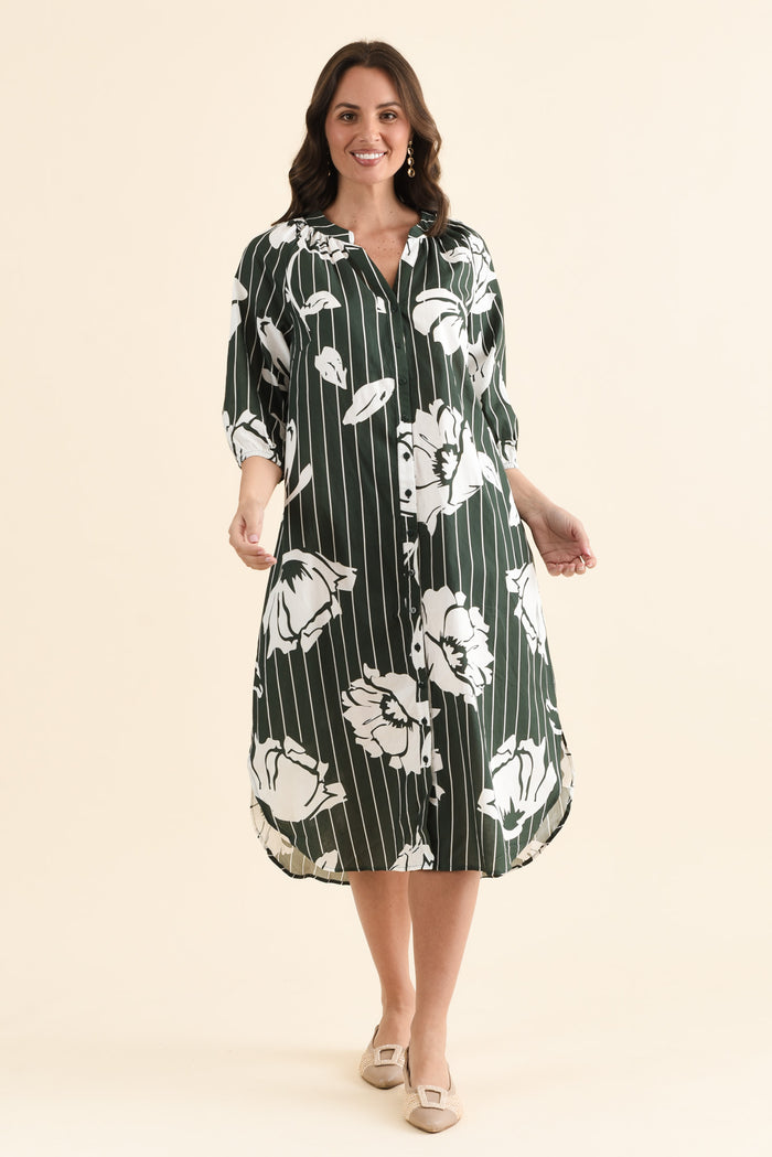 Damani Green Floral Stripe Pocket Dress,brunette model,Front of Outfit,alt text|model:MJ