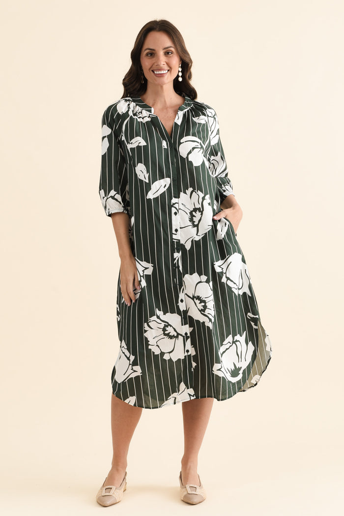 Damani Green Floral Stripe Pocket Dress,brunette model,Full Outfit,alt text|model:MJ