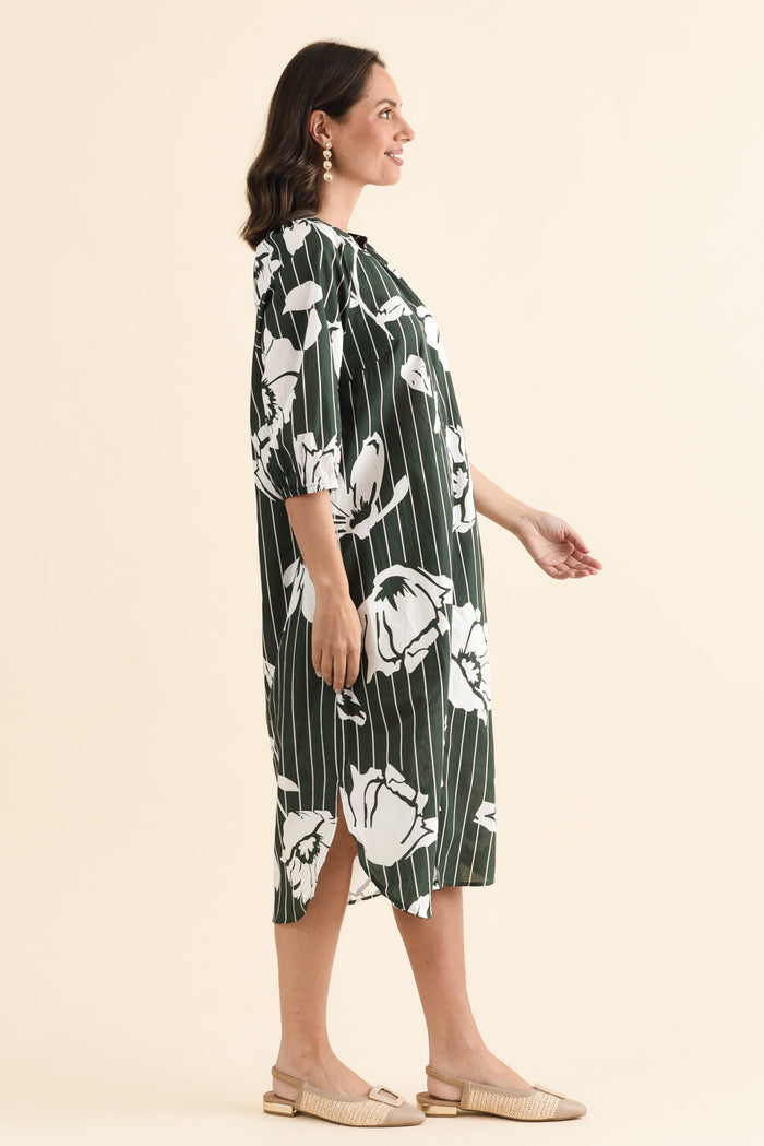 Damani Green Floral Stripe Pocket Dress,brunette model,Side of Outfit,alt text|model:MJ