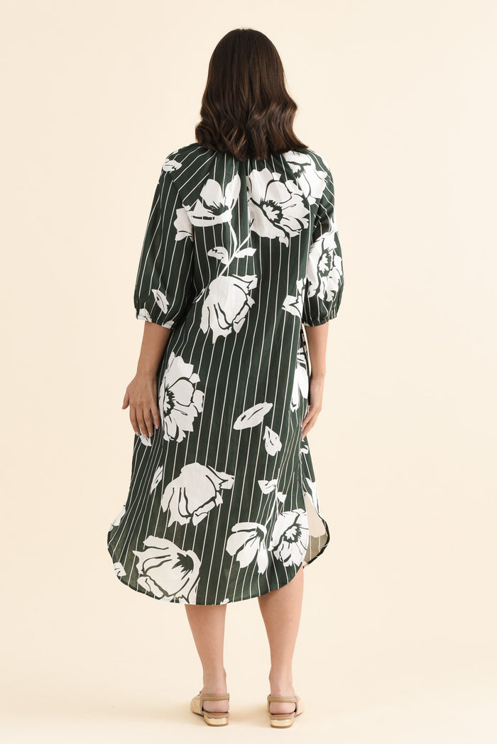Damani Green Floral Stripe Pocket Dress,brunette model,Back of Outfit,alt text|model:MJ
