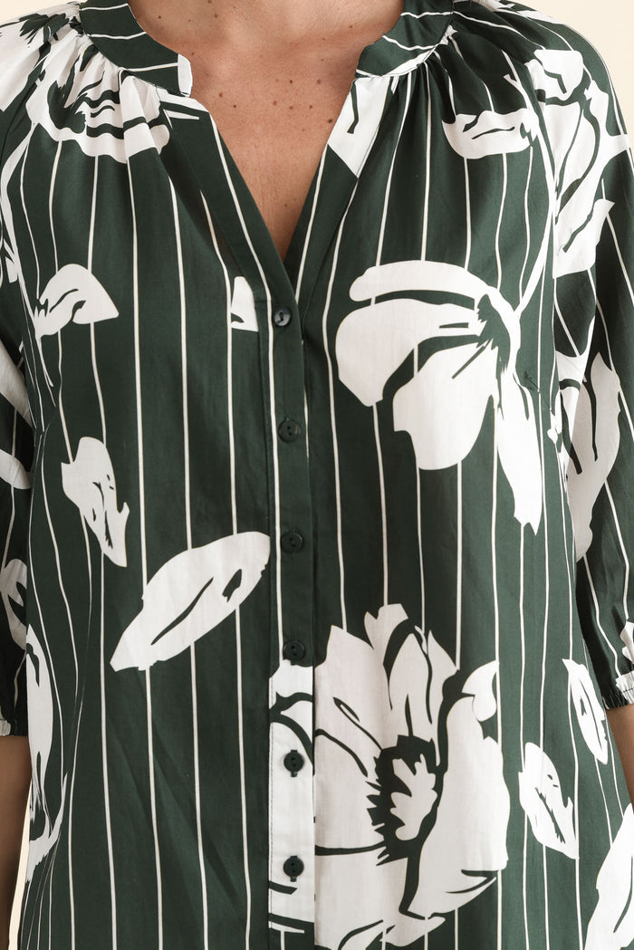 Damani Green Floral Stripe Pocket Dress,brunette model,Close up of outfit,alt text|model:MJ