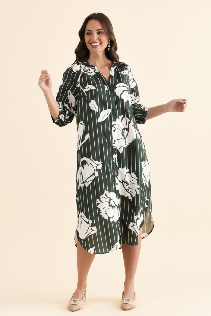 Damani Green Floral Stripe Pocket Dress,brunette model,Full Outfit,alt text|model:MJ