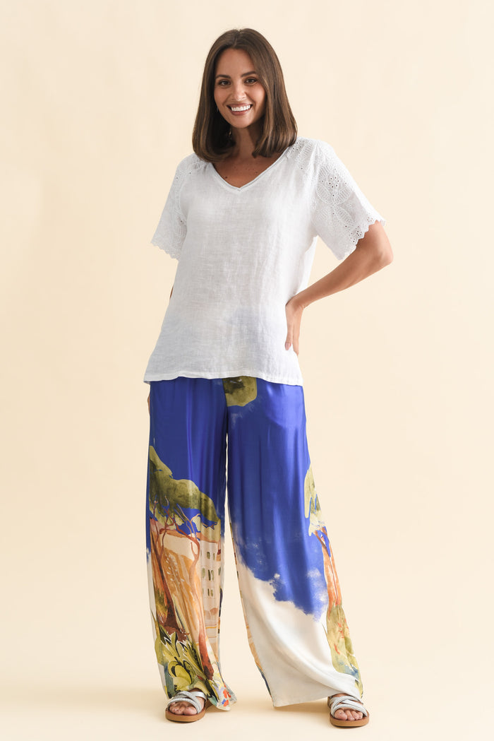 Dame White Linen Embroidered Top,Brunette model,alt text|model:MJ
