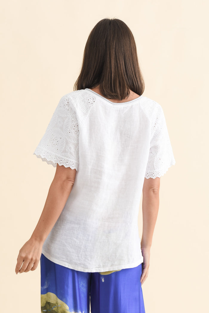 Dame White Linen Embroidered Top,Brunette model,alt text|model:MJ
