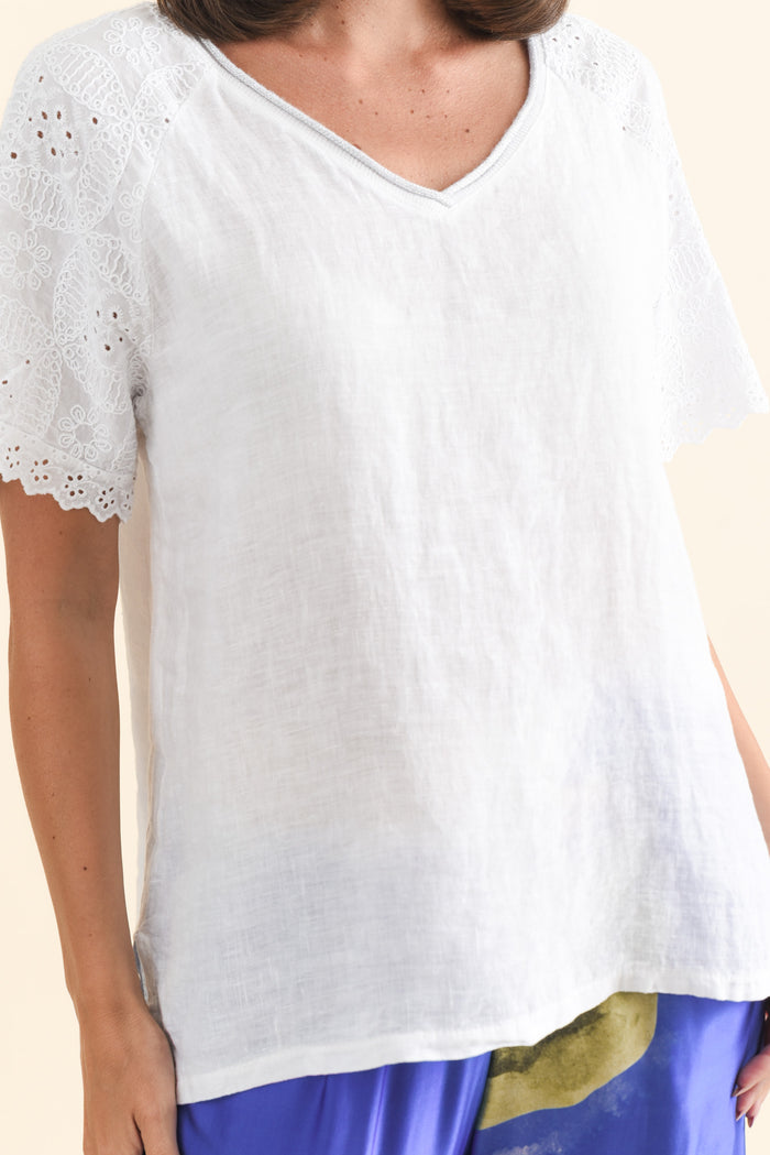 Dame White Linen Embroidered Top,Brunette model,alt text|model:MJ