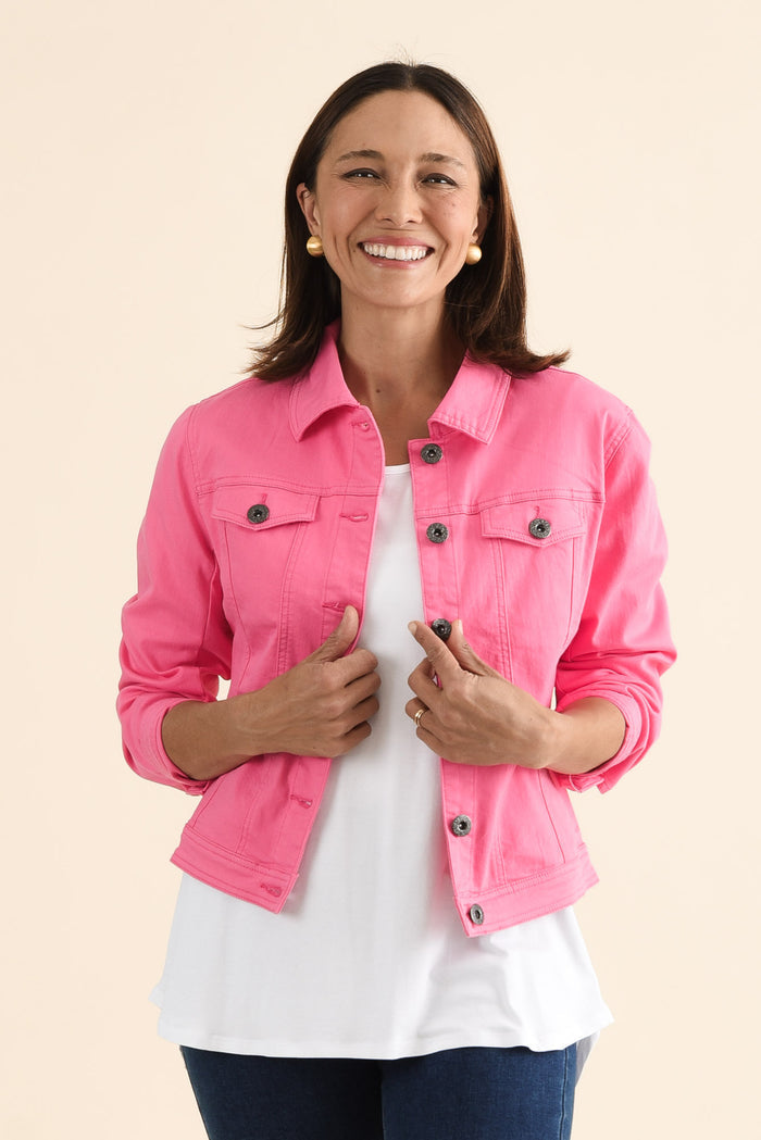 Danielle Hot Pink Stretch Jean Jacket,brunette model,Front of Outfit,alt text|model:Cara