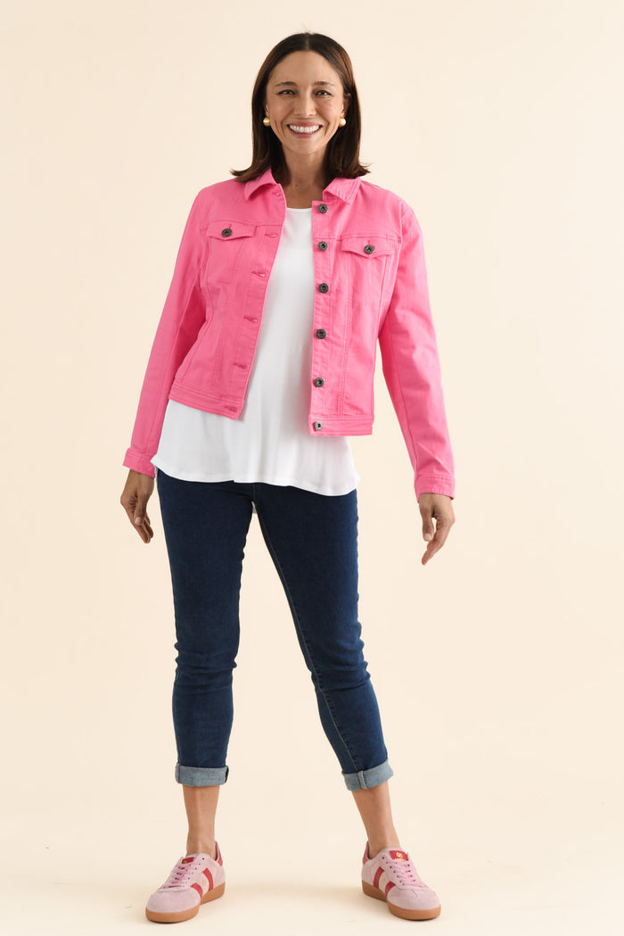 Danielle Hot Pink Stretch Jean Jacket,brunette model,Full Outfit,alt text|model:Cara
