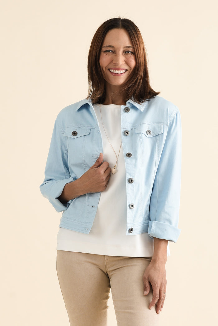 Danielle Light Blue Stretch Jean Jacket,brunette model,Front of Outfit,alt text|model:Cara