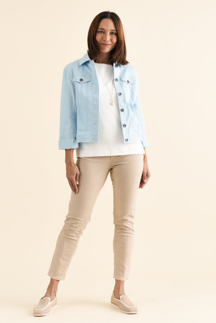 Danielle Light Blue Stretch Jean Jacket,brunette model,Full Outfit,alt text|model:Cara