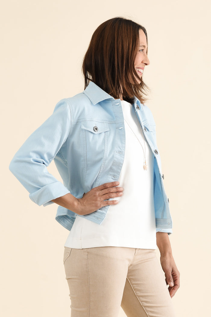 Danielle Light Blue Stretch Jean Jacket,brunette model,Side of Outfit,alt text|model:Cara