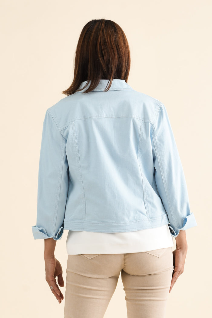 Danielle Light Blue Stretch Jean Jacket,brunette model,Back of Outfit,alt text|model:Cara