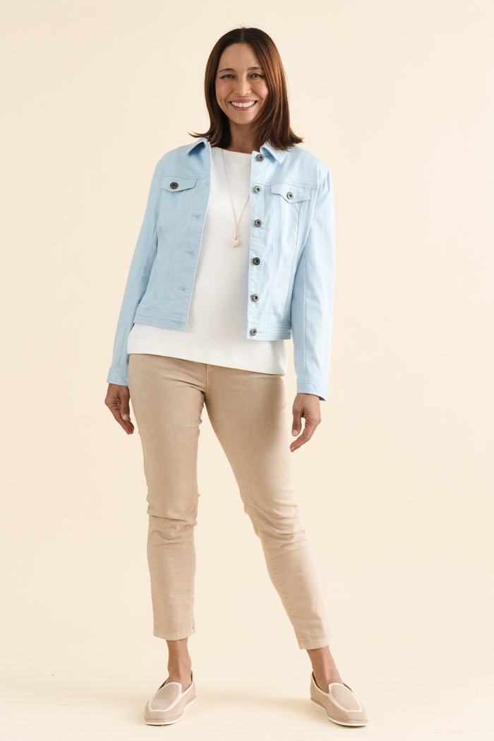 Danielle Light Blue Stretch Jean Jacket,brunette model,Full Outfit,alt text|model:Cara