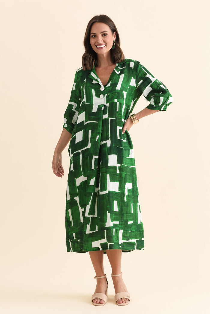 Daria Green Geo Linen Collared Dress,Brunette model,alt text|model:MJ
