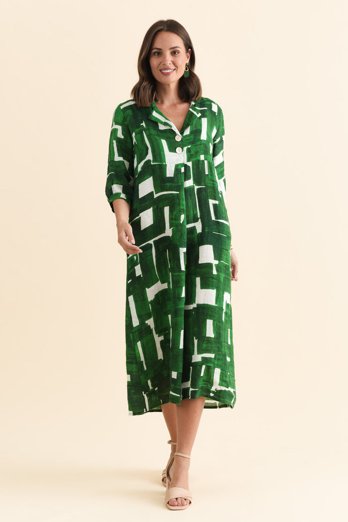 Daria Green Geo Linen Collared Dress,Brunette model,alt text|model:MJ