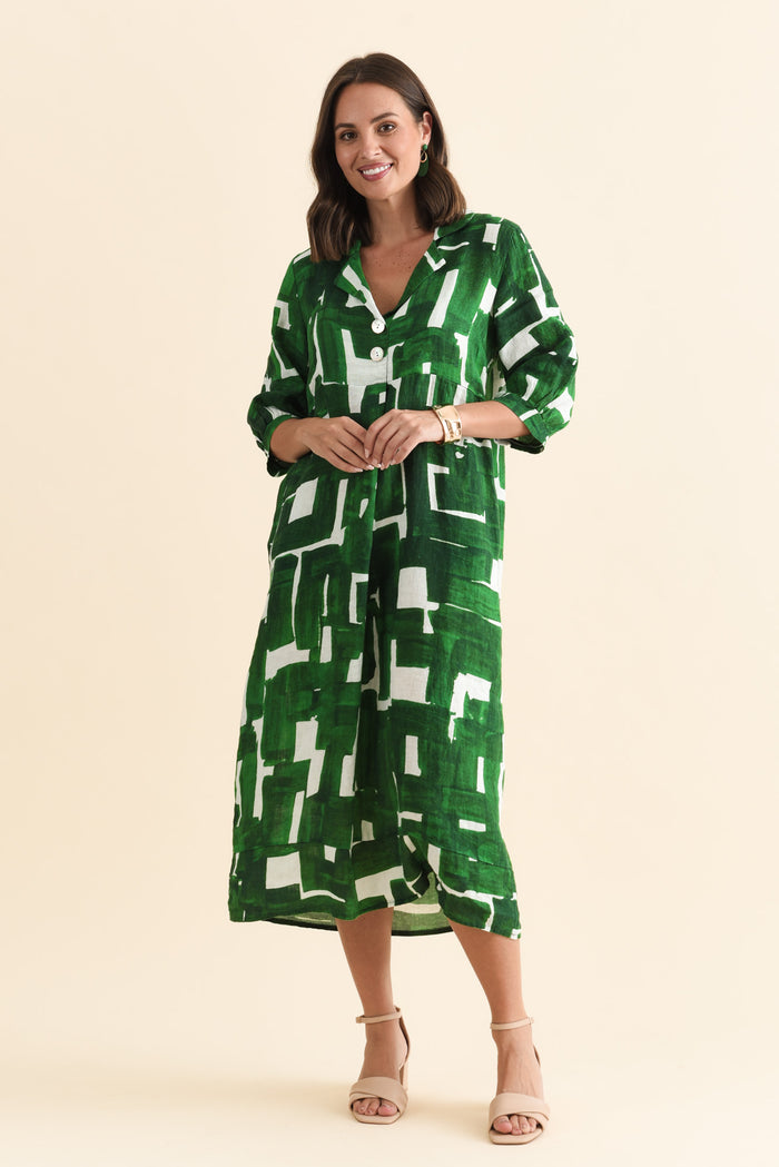 Daria Green Geo Linen Collared Dress,Brunette model,alt text|model:MJ
