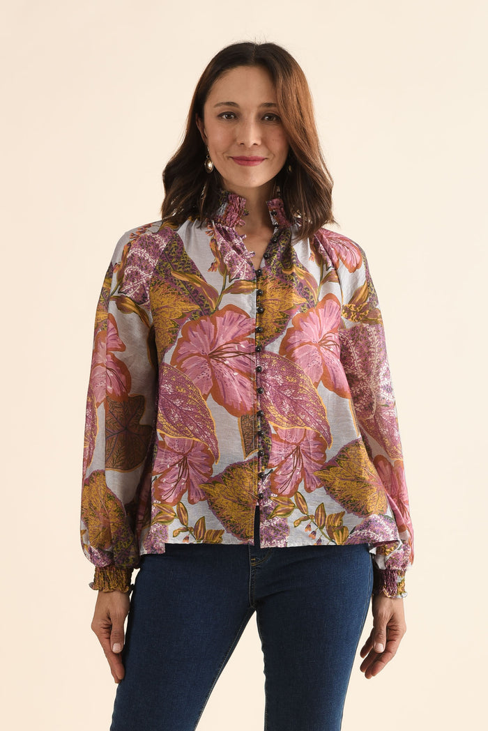 Daria Purple Leaf Shirred Blouse,Front,Brunette model,alt text|model:Cara