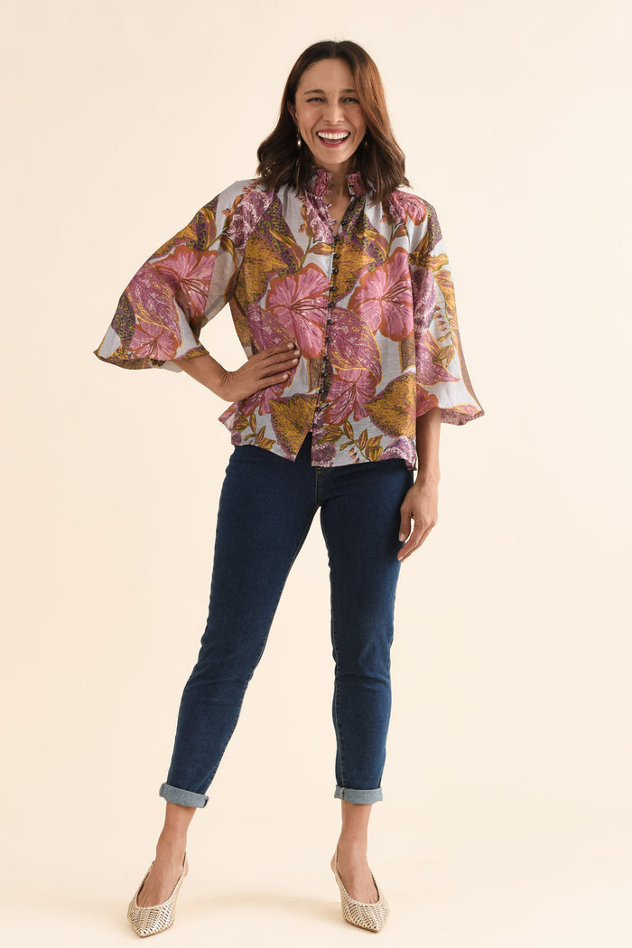 Daria Purple Leaf Shirred Blouse,Full Body,Brunette model,alt text|model:Cara