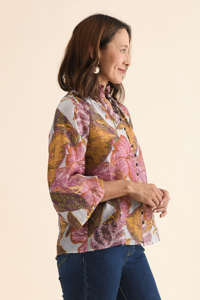 Daria Purple Leaf Shirred Blouse,Side,Brunette model,alt text|model:Cara