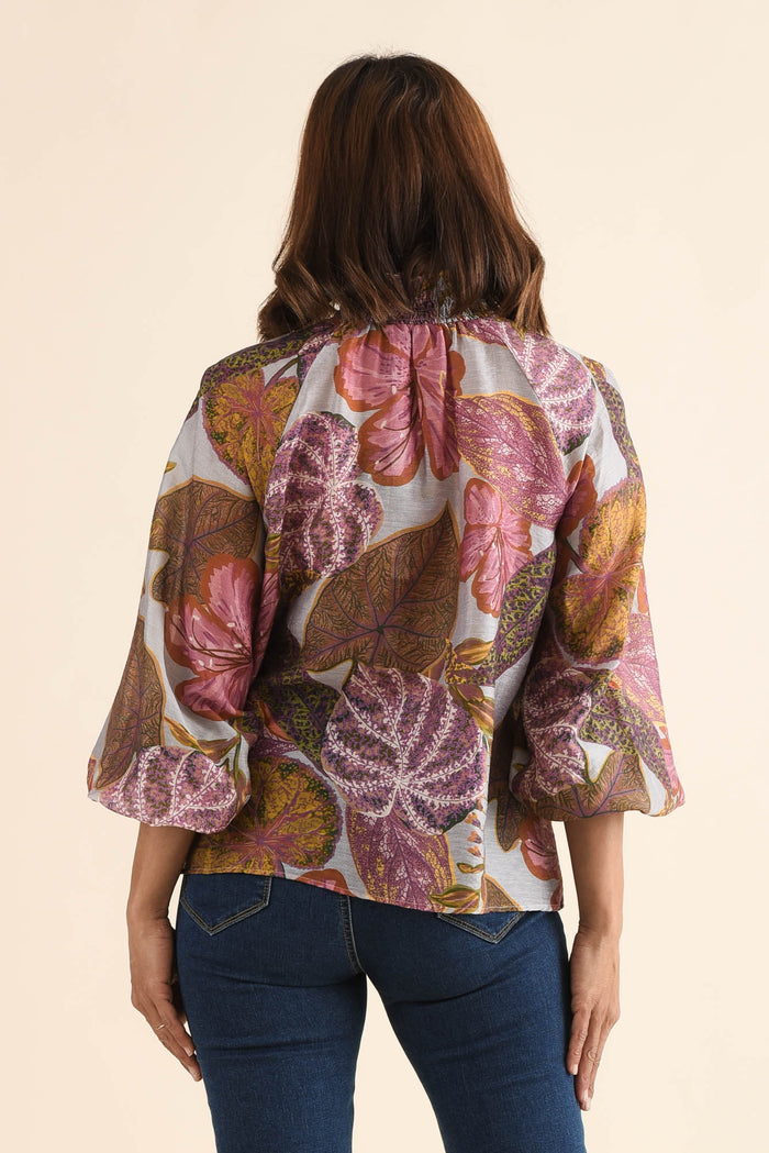Daria Purple Leaf Shirred Blouse,Back,Brunette model,alt text|model:Cara