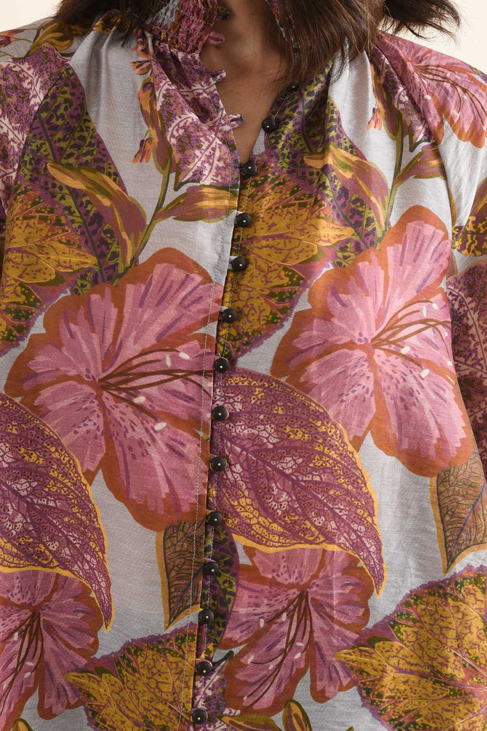 Daria Purple Leaf Shirred Blouse,Detail,Brunette model,alt text|model:Cara