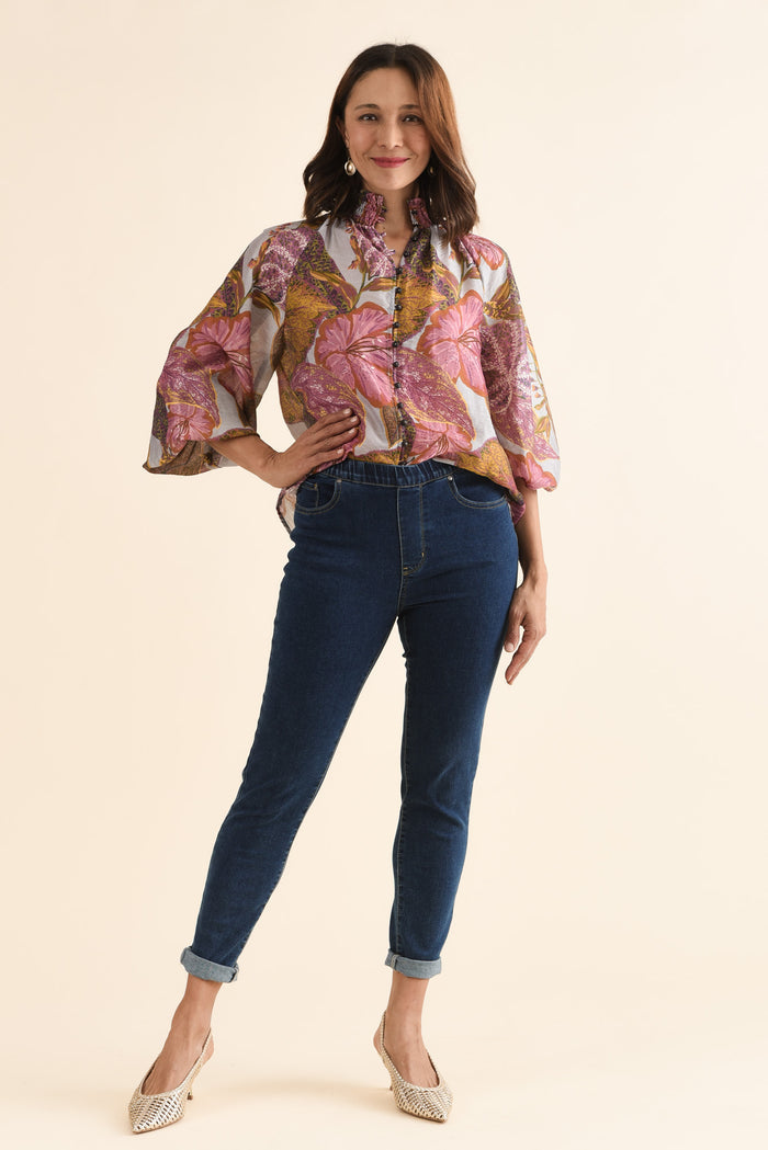 Daria Purple Leaf Shirred Blouse,Full Body,Brunette model,alt text|model:Cara