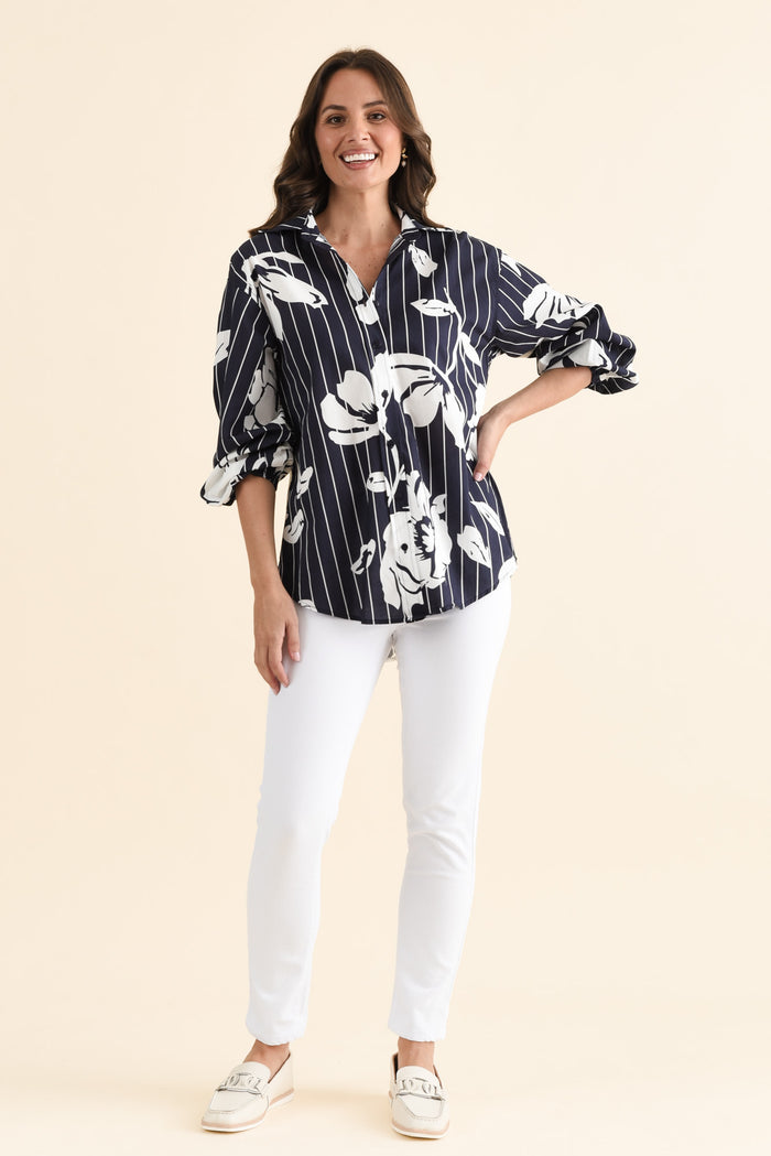Darline Navy Floral Stripe Cotton Shirt,brunette model,Full Outfit,alt text|model:MJ