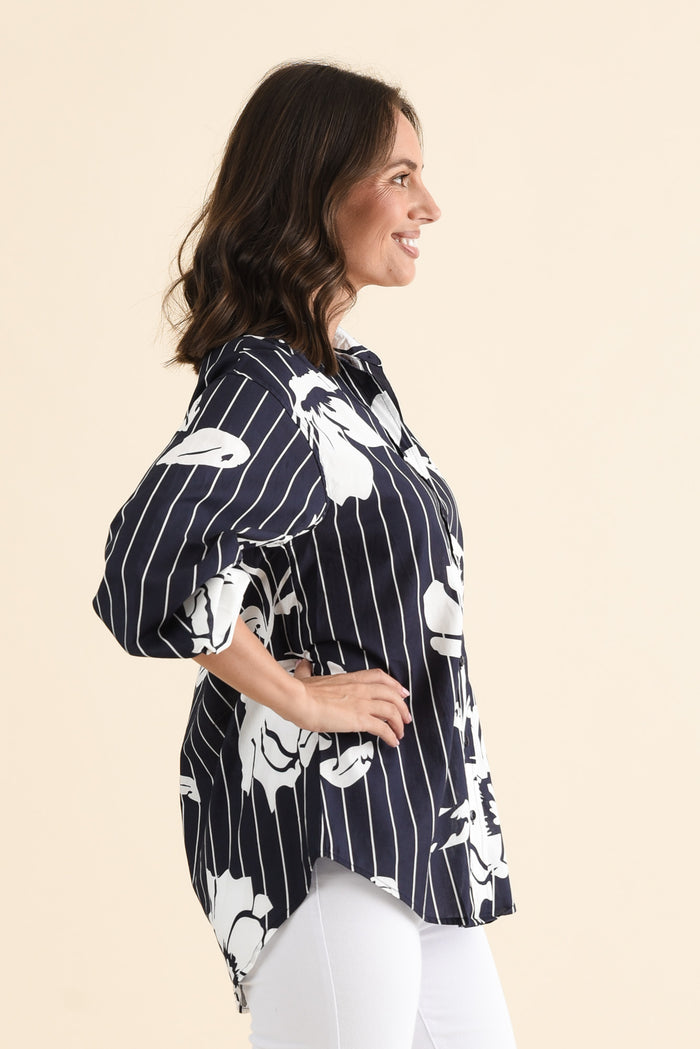 Darline Navy Floral Stripe Cotton Shirt,brunette model,Side of Outfit,alt text|model:MJ