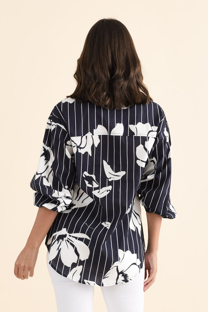 Darline Navy Floral Stripe Cotton Shirt,brunette model,Back of Outfit,alt text|model:MJ