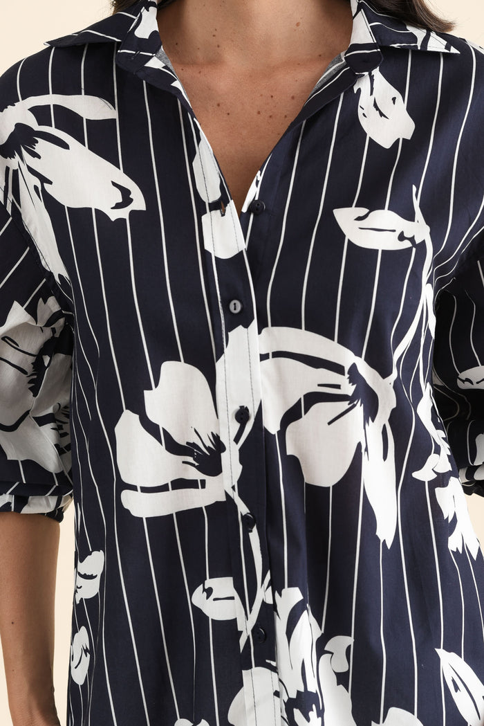 Darline Navy Floral Stripe Cotton Shirt,brunette model,Close up of outfit,alt text|model:MJ