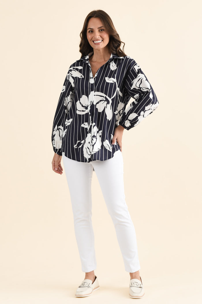 Darline Navy Floral Stripe Cotton Shirt,brunette model,Full Outfit,alt text|model:MJ