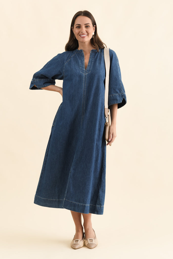 Davina Blue Denim Maxi Dress,Front,Brunette model,alt text|model:MJ