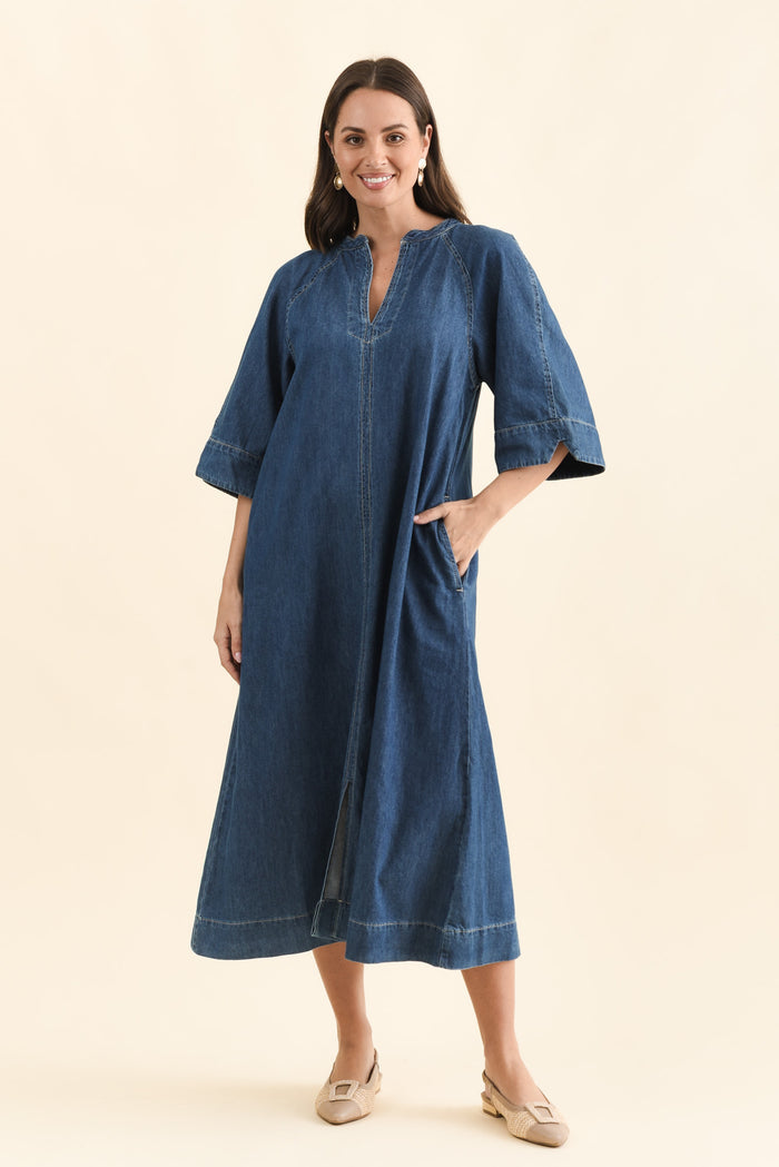 Davina Blue Denim Maxi Dress,Full Body,Brunette model,alt text|model:MJ