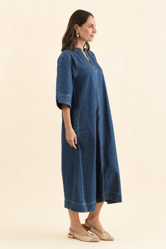 Davina Blue Denim Maxi Dress,Side,Brunette model,alt text|model:MJ