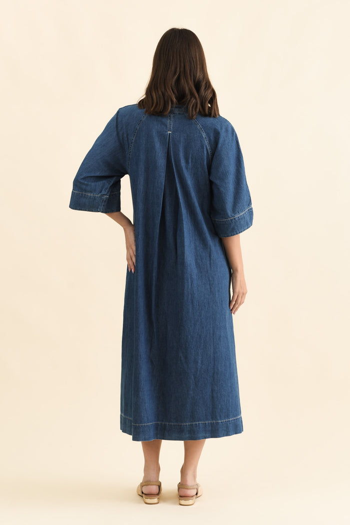 Davina Blue Denim Maxi Dress,Back,Brunette model,alt text|model:MJ