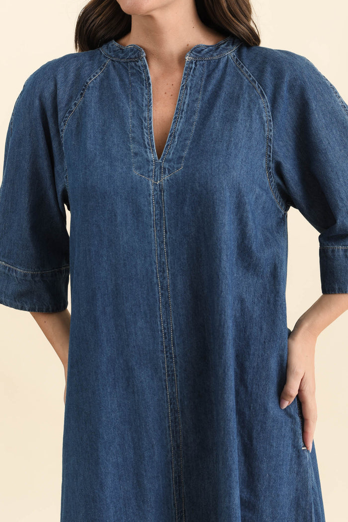 Davina Blue Denim Maxi Dress,Detail,Brunette model,alt text|model:MJ