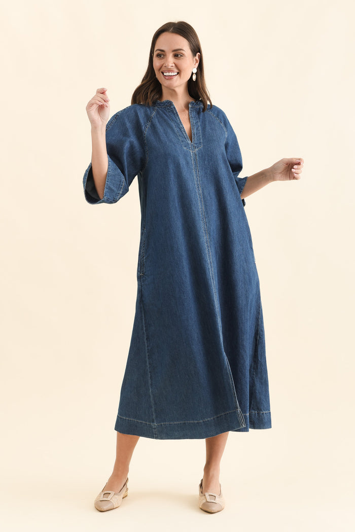 Davina Blue Denim Maxi Dress,Full Body,Brunette model,alt text|model:MJ