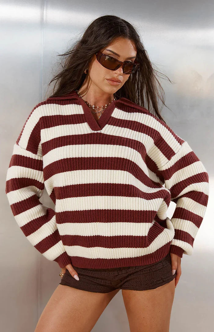 Daze Burgundy Stripe Polo Knit Sweater