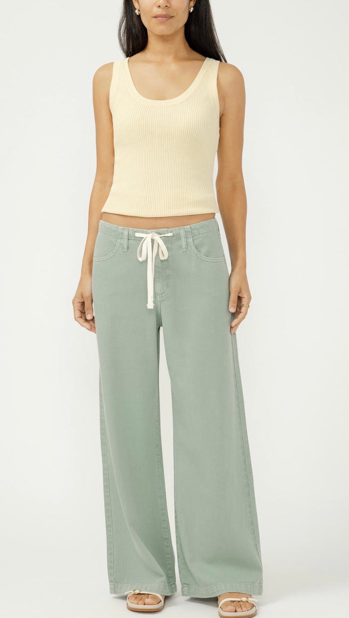 DAZE Wide Leg Drawstring Beach Jeans-Sage Green