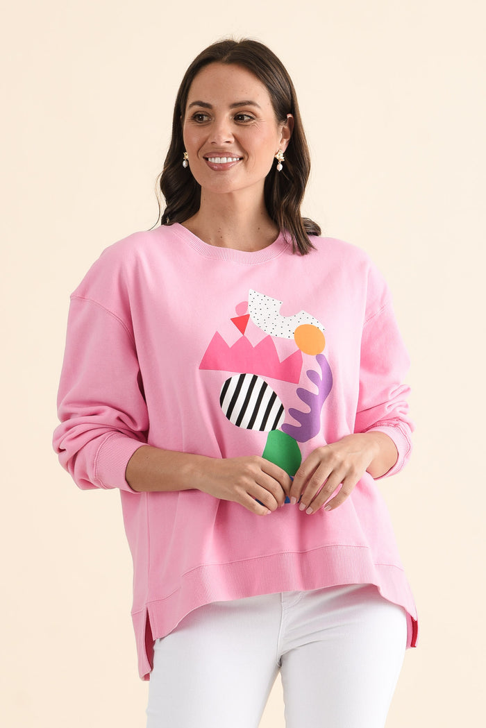 Deb McNaughton Pink Cotton Sweatshirt,brunette model,Front of Outfit,alt text|model:MJ