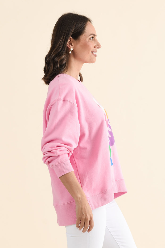 Deb McNaughton Pink Cotton Sweatshirt,brunette model,Side of Outfit,alt text|model:MJ