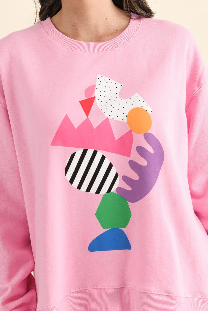 Deb McNaughton Pink Cotton Sweatshirt,brunette model,Close up of outfit,alt text|model:MJ