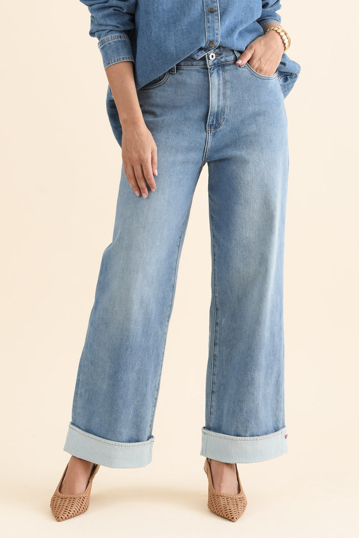 Deb Mid Blue Denim Wide Leg Jeans,brunette model,Front of Outfit,alt text|model:MJ